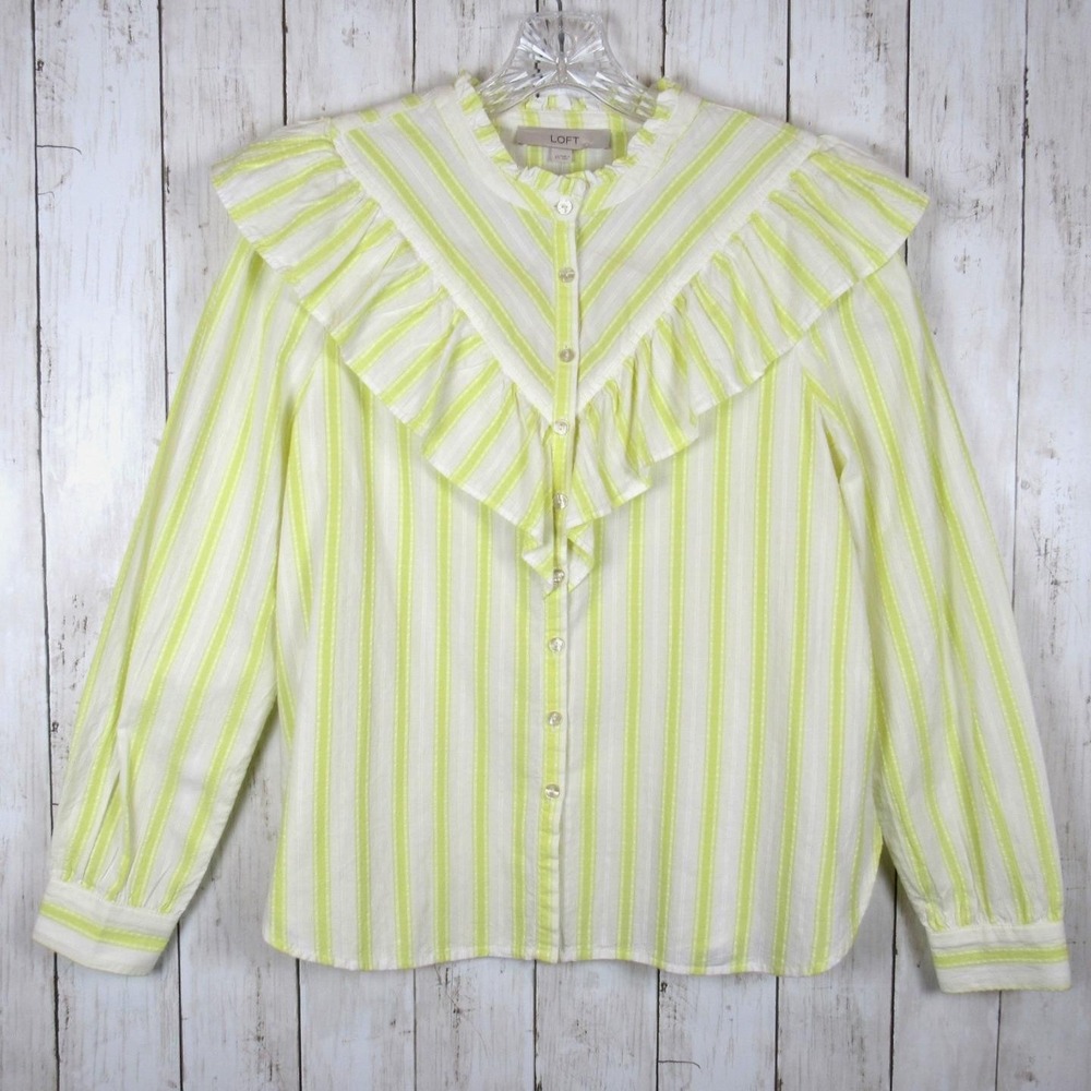 LOFT Womens Dobby White Yellow Stripe Ruffle Front Long Sleeve Top Cotton XS NWT